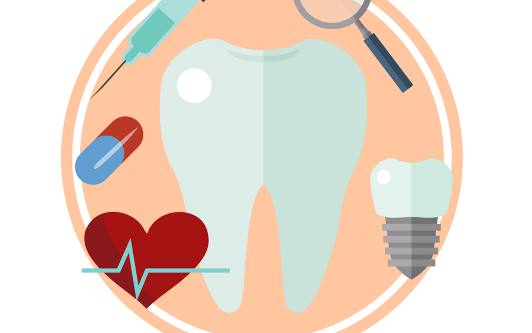 dental implants icon with tooth, needle, pill, heart, magnifying glass, and a dental implant
